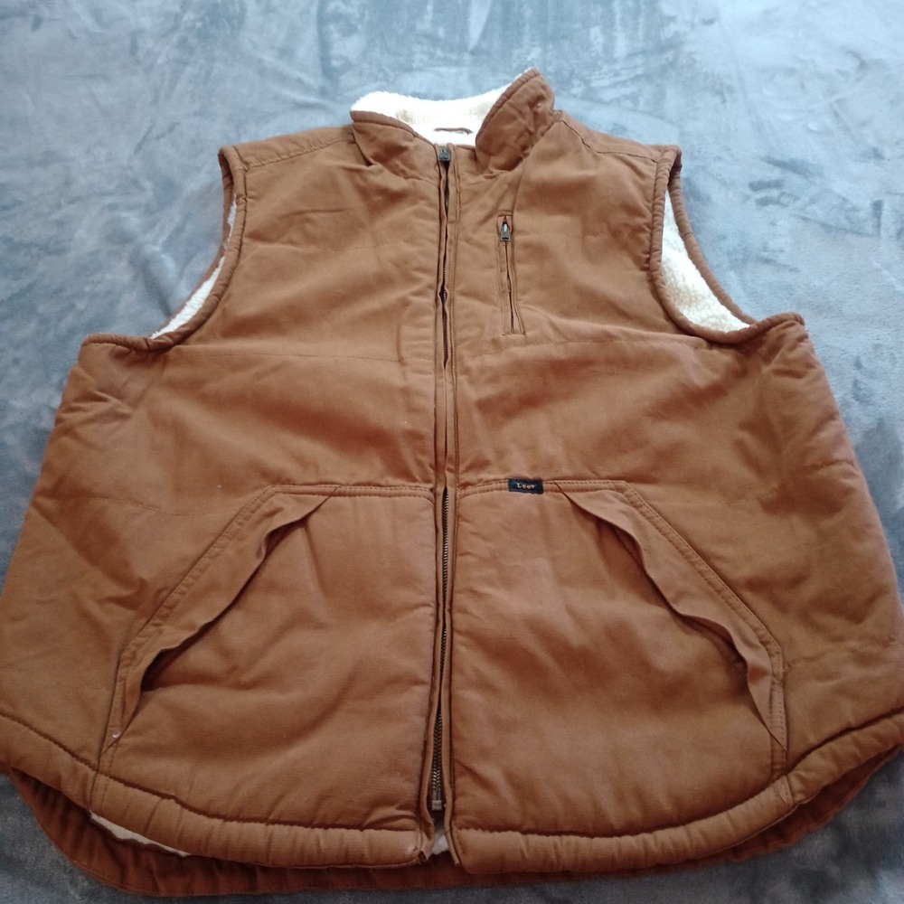 Lee Canvas Vest Mens‎ Large Tobacco Brown Sherpa Lined Full Zip Workwear Rugged